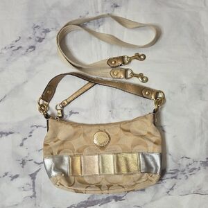 Coach Signature Patent Leather Hobo Purse In Cream With Metallic Stripe